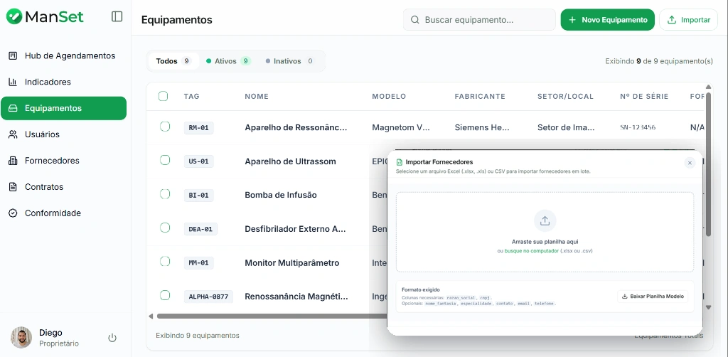 Setup de Equipamentos e Importação no ManSet